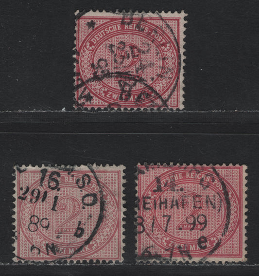 Lot 94 Germany SC#36,d (Michel 37b,e) 2m Brownish Purple & Lively Rose Lilac , 1875-1877 Numeral & Eagle Issue, 3 Fine Used Singles, Post November 1884 Printings, December 23, 1893, July 8 1899 & January 29 1889 CDS Cancels