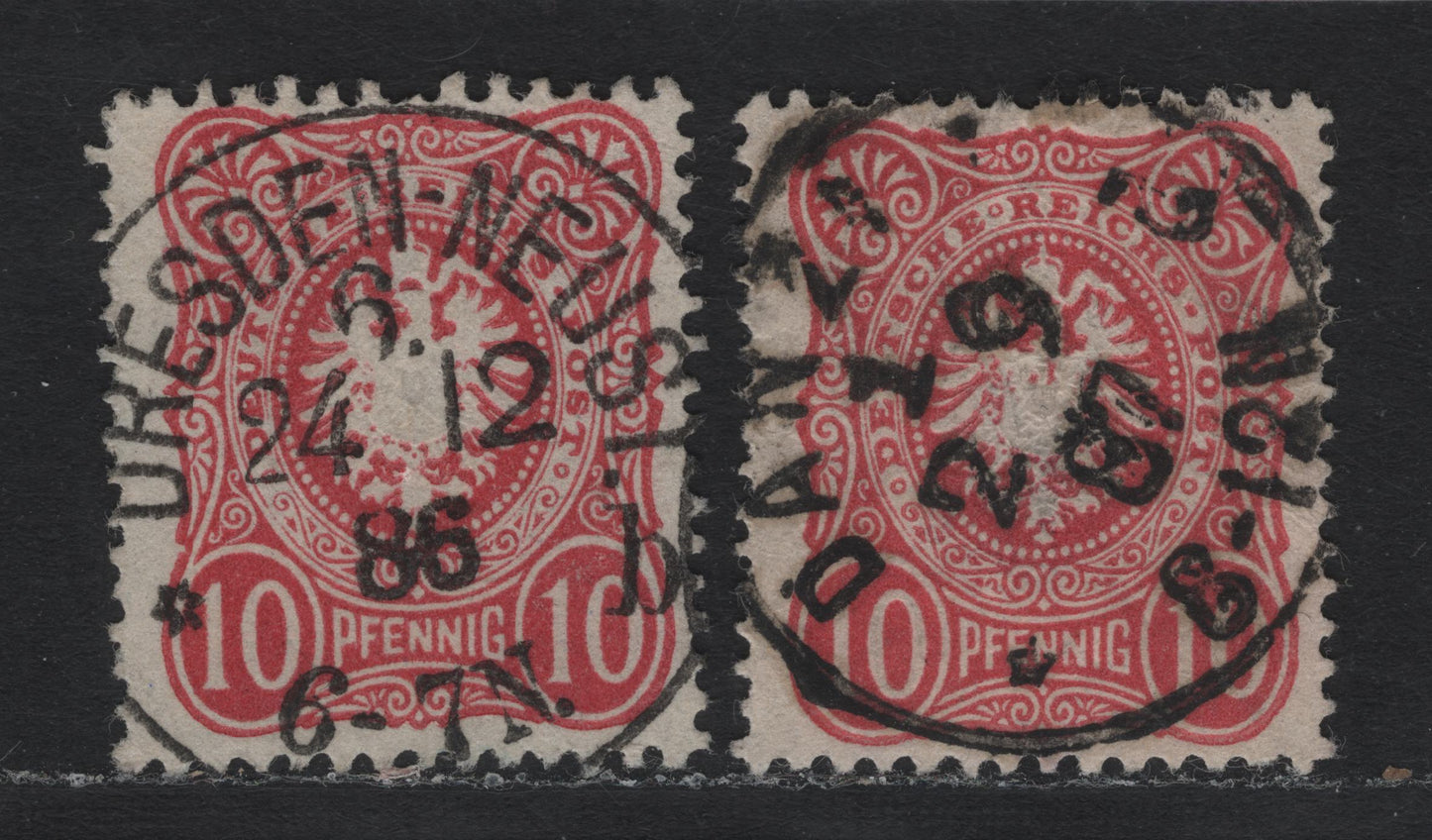 Lot 96 Germany SC#39 10pf Lively Red Carmine , 1880 Numeral & Embossed 'Este' Issue With Pfenning, 2 Fine/Very Fine Used Singles, SON December 24 1886 Dresden-Neust & Sept 2 1887 Danzig Cancels