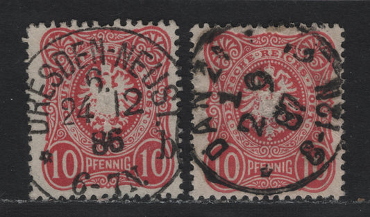Lot 96 Germany SC#39 10pf Lively Red Carmine , 1880 Numeral & Embossed 'Este' Issue With Pfenning, 2 Fine/Very Fine Used Singles, SON December 24 1886 Dresden-Neust & Sept 2 1887 Danzig Cancels