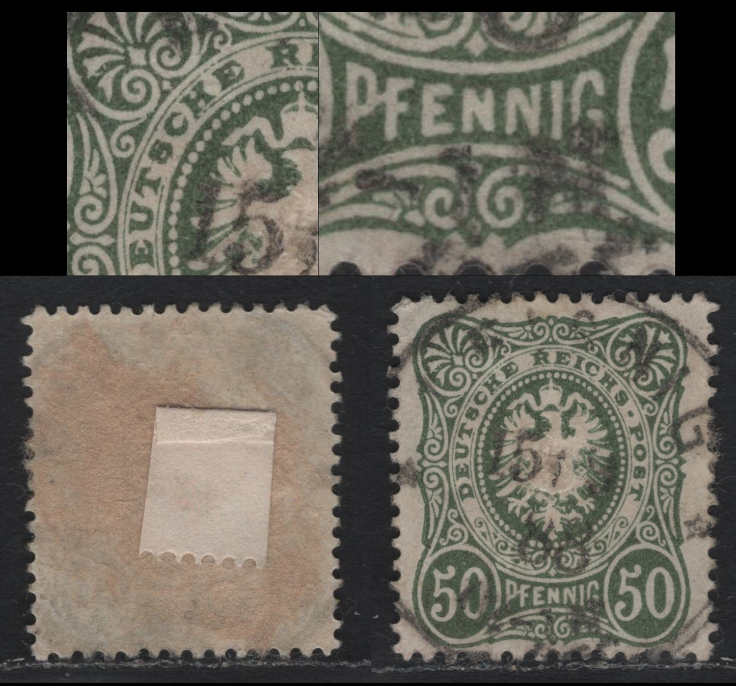 Lot 98 Germany SC#42b (44IIc)var 50pf Reseda Green (Yellowish Olive) , 1880 Numeral & Embossed 'Este' Issue With Pfenning, A Very Fine Used Single, Showing 'PF' Joined & Inner Frameline Missing Underneath 'Tsch' of'Deutches', Unlisted In Michel