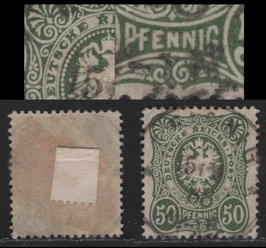 Lot 98 Germany SC#42b (44IIc)var 50pf Reseda Green (Yellowish Olive) , 1880 Numeral & Embossed 'Este' Issue With Pfenning, A Very Fine Used Single, Showing 'PF' Joined & Inner Frameline Missing Underneath 'Tsch' of'Deutches', Unlisted In Michel