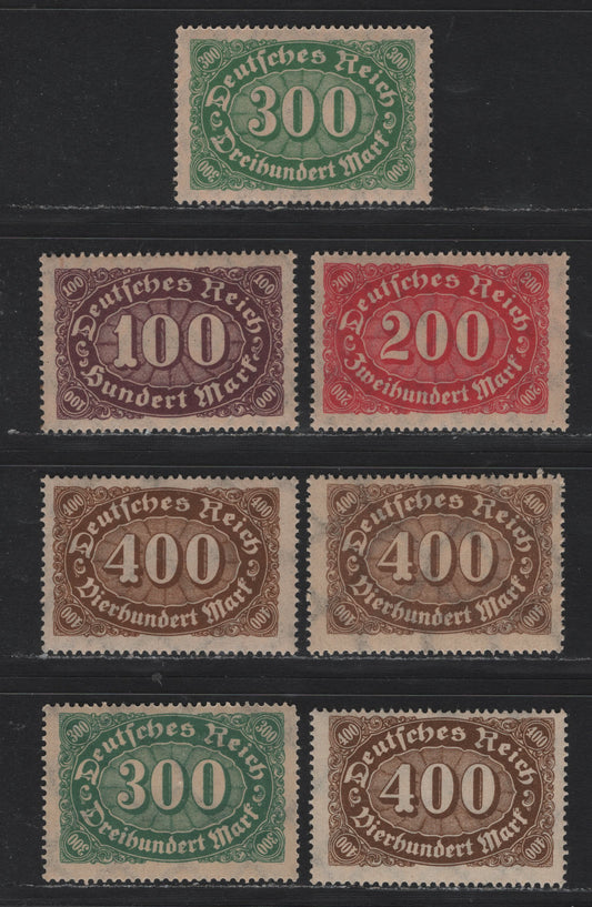 Lot 100 Germany SC#201-202, 156-158 100m - 400m Brown Violet - Blackish Brown Ochre , 1921-1923 Numeral Issues, 7 F/VFNH Singles, Lozenges( 100-300m) & Network (one 300m & 400m) Wmks, Shades Are Slightly Different Than Lot 99