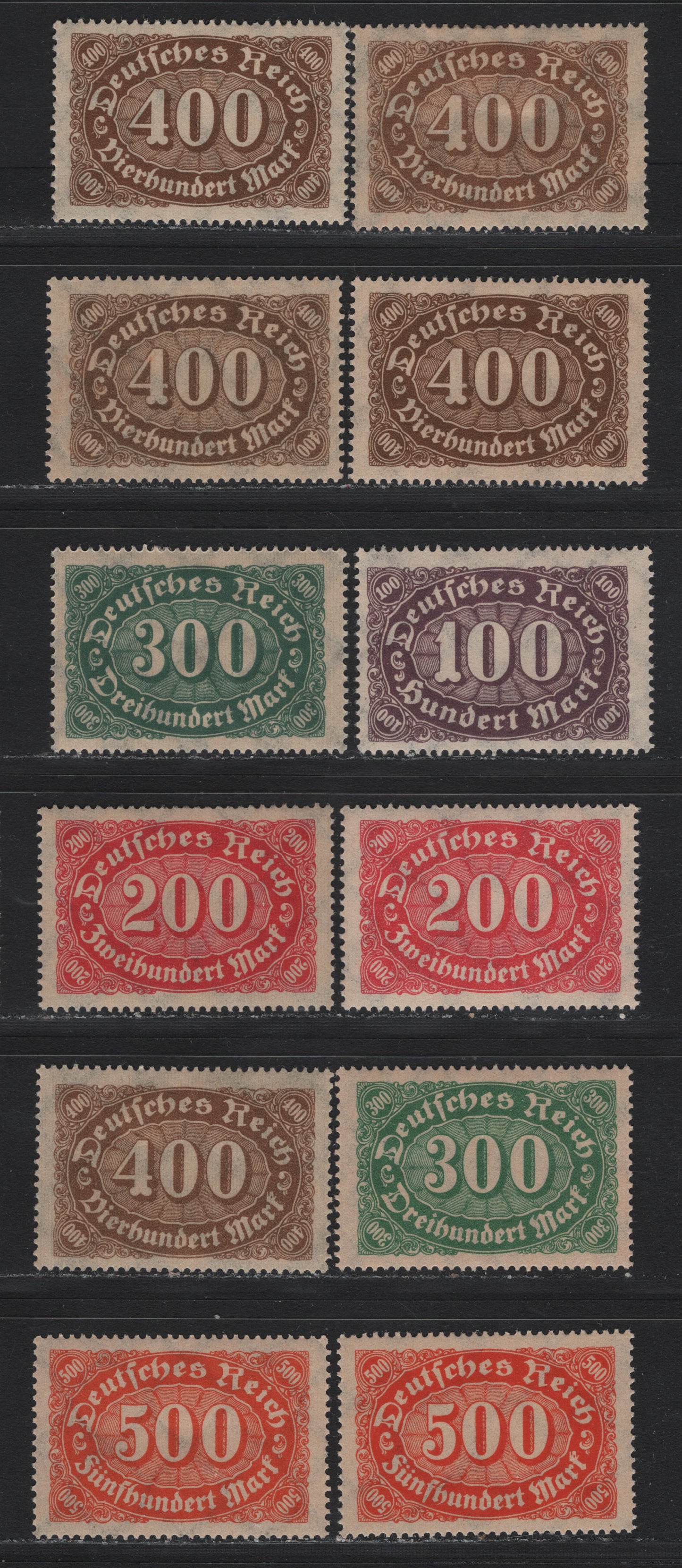 Lot 101 Germany SC#158, 199-203 (221, 247, 249, 248a, 249-251) 300m - 400m Green - Orange , 1921-1923 Numeral Issues, 12 F/VFNH Singles, Network Wmk