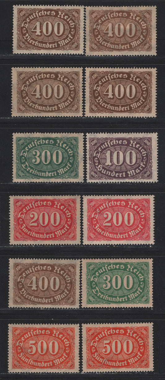 Lot 101 Germany SC#158, 199-203 (221, 247, 249, 248a, 249-251) 300m - 400m Green - Orange , 1921-1923 Numeral Issues, 12 F/VFNH Singles, Network Wmk
