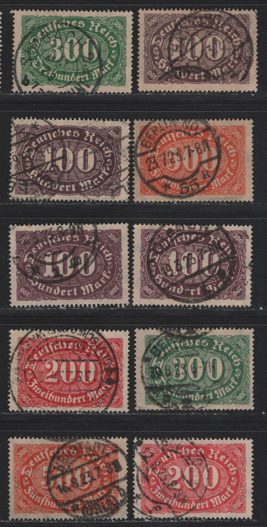 Lot 103 Germany SC#156, 158, 160, 199-201, 203 (219, 221, 223, 247, 248a, 249, 251) 100m - 500m Brown Purple - Orange , 1921-1923 Numeral Issues, 10 Fine/Very Fine Used Singles, Network Wmk