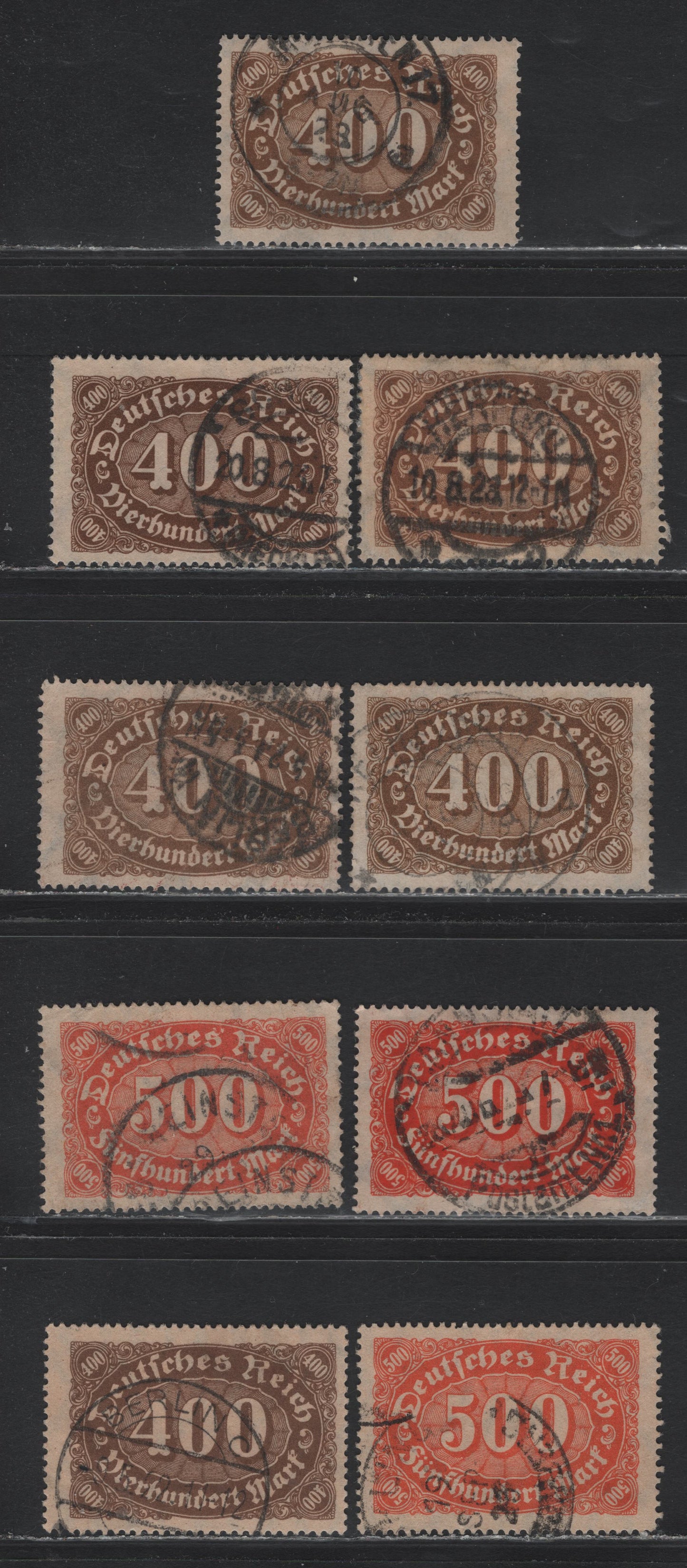Lot 104 Germany SC#159a, 160, 202-203 (222c, 223, 250-251) 400m - 500m Olive Brown - Orange , 1921-1923 Numeral Issues, 9 Fine/Very Fine Used Singles, Wmk Lozenges & Network