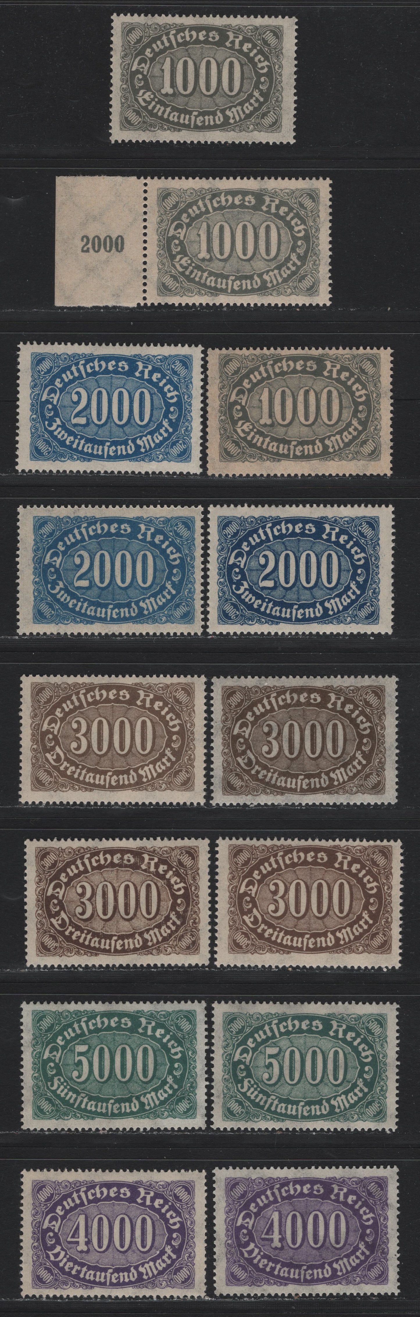 Lot 116 Germany SC#204-205a, 206,b, 207, 208b (252, 253a-b, 254b-c, 255, 256c) 1000m - 5000m Gray - Dark Blue Green , 1923 Numeral Issue, 14 F/VFNH Singles, Additional Shades