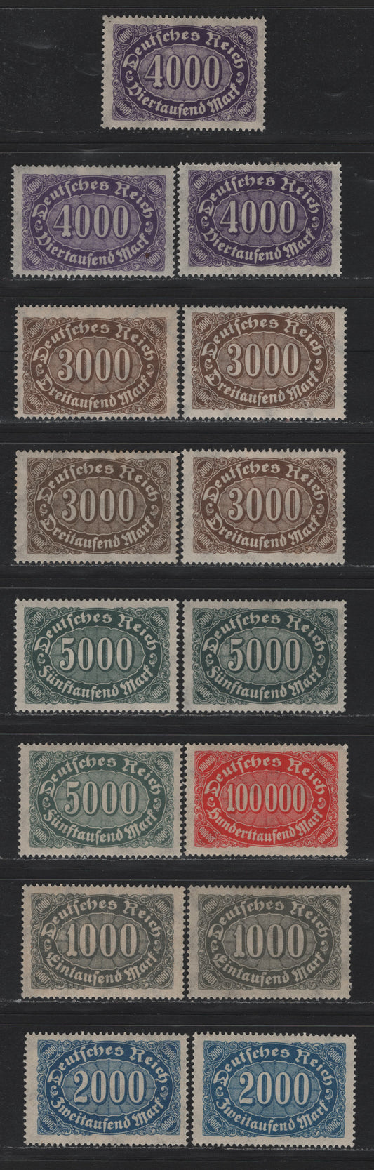 Lot 117 Germany SC#204-206,b, 207-209 (252, 253a, 254b-c, 255, 256-a, 257) 1000m - 100,000m Gray - Vermillion , 1923 Numeral Issue, 15 F/VFOG Singles, Additional Shades