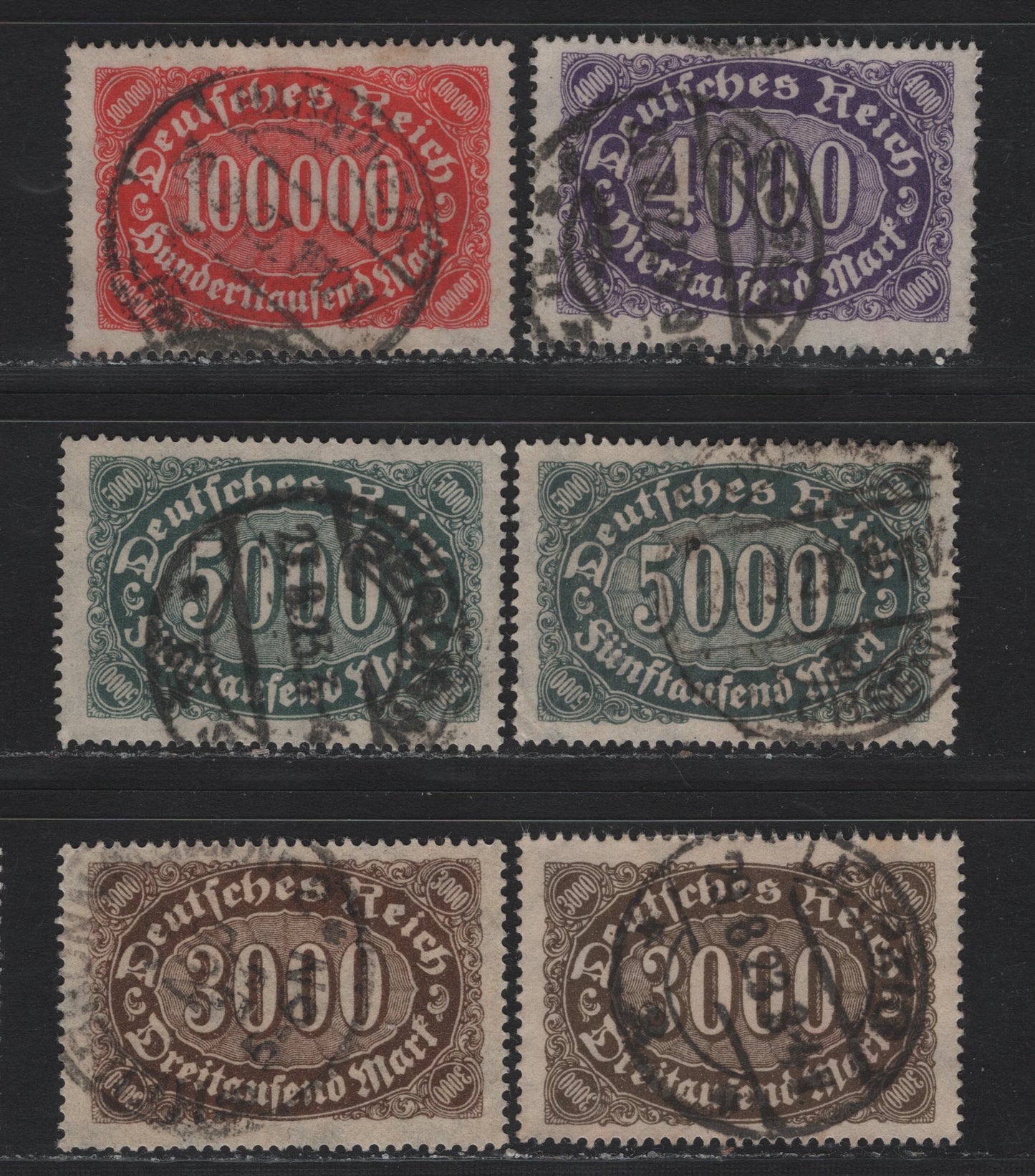Lot 120 Germany SC#206,b, 207-209 (254b-c, 255, 256a-b, 257) 3000m - 100,000m Brown & Gray Brown - Vermillion , 1923 Numeral Issue, 6 Fine/Very Fine Used Singles, Postally Used