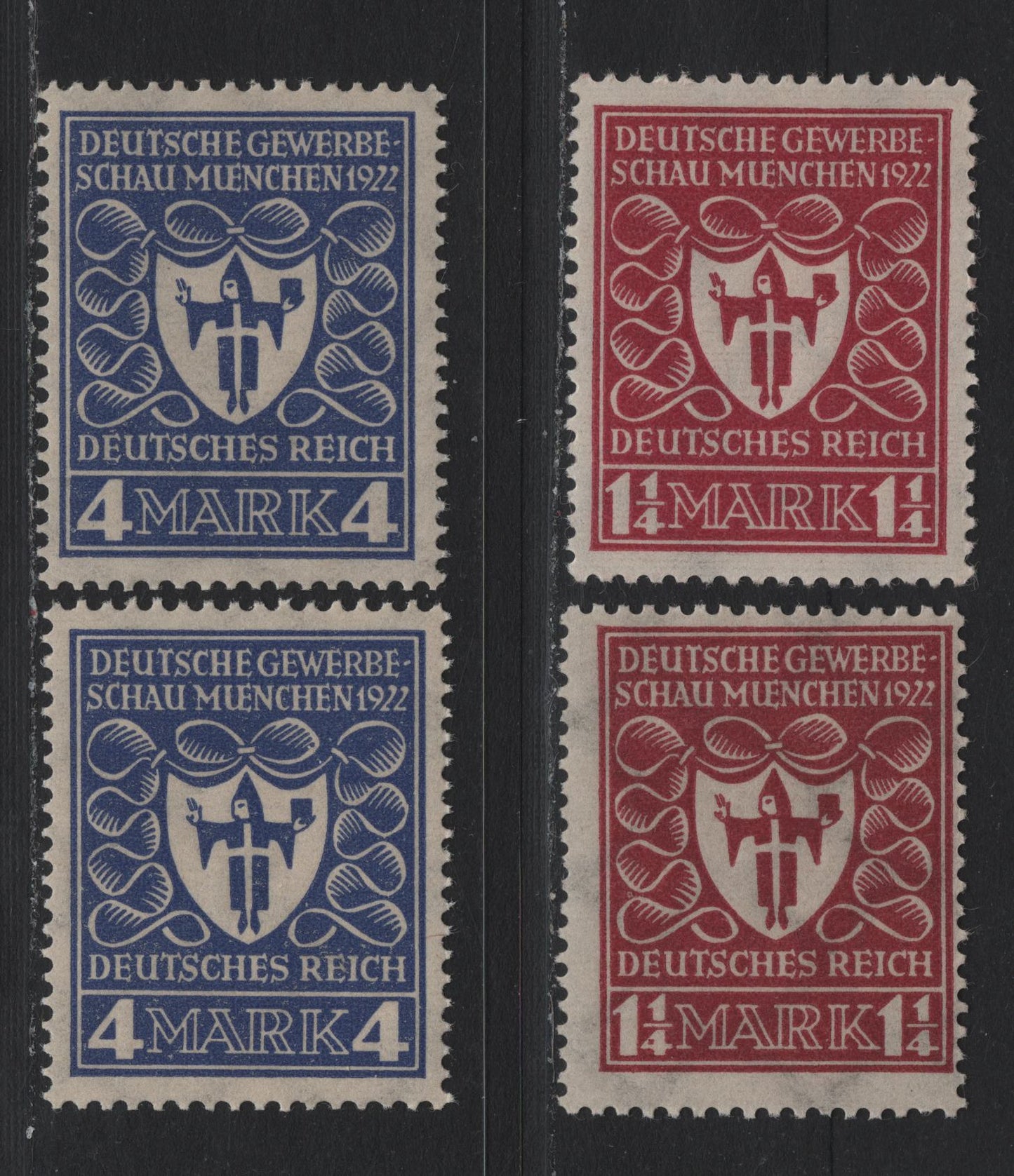 Lot 121 Germany SC#212-a, 215 (199c,d, 202) 1.25m Dark Lilac Red - Violet Ultramarine , 1922 Arms of Munich Issue, 4 F/VFNH Singles