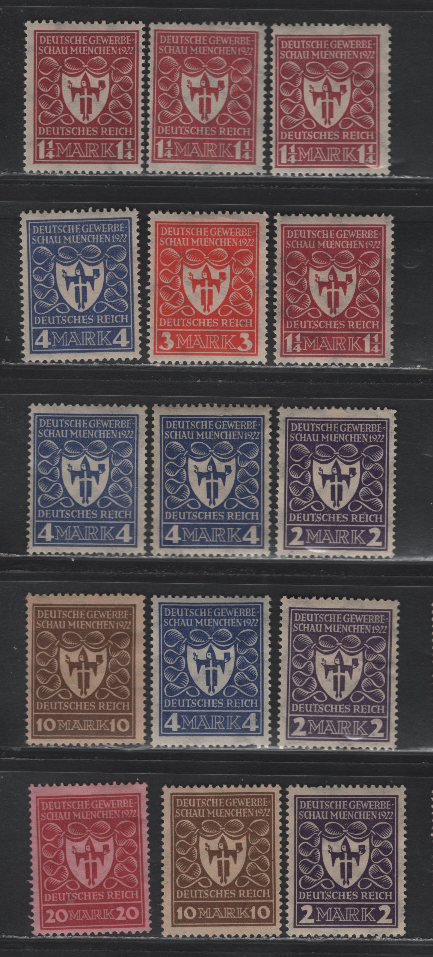 Lot 123 Germany SC#212-a, 213-217 (199a,c, 200a, 201, 202, 203a, 204a) 1.25m - 20m Carmine Red - Red Carmine On Rose , 1922 Arms of Munich Issue, 15 F/VFOG Singles, Includes Additional Shades