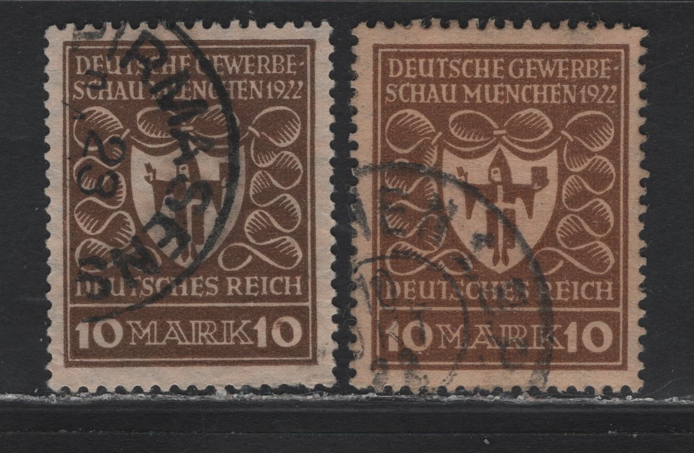 Lot 126 Germany SC#216-a (203a, 203b) 10m Yellow Brown - Blackish Orange Brown , 1922 Arms of Munich Issue, 2 Very Fine Used Singles, Scarcer Dark to Blackish Orange Brown