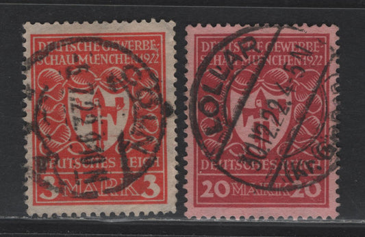 Lot 128 Germany SC#214, 217 (201, 204a) 3m - 20m Orange Red , 1922 Arms of Munich Issue, 2 Fine/Very Fine Used Singles, SON July 5 1922 Coln Cancel (3m), December 30 1922 Lollar CDS