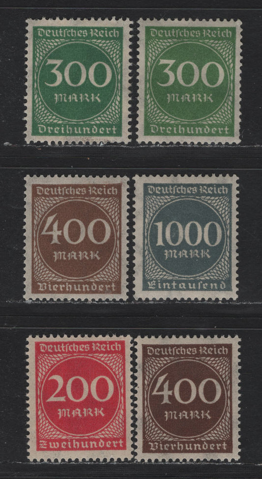 Lot 130 Germany SC#231-232, 234 (269-271, 273) 200m - 1000m Rosy Carmine - Deep Slate , 1922-1923 Numeral & Worker Issue, 6 VFNH Singles, Shade Variants That Are Deeper or Lighter Than The Ones In Lot 129