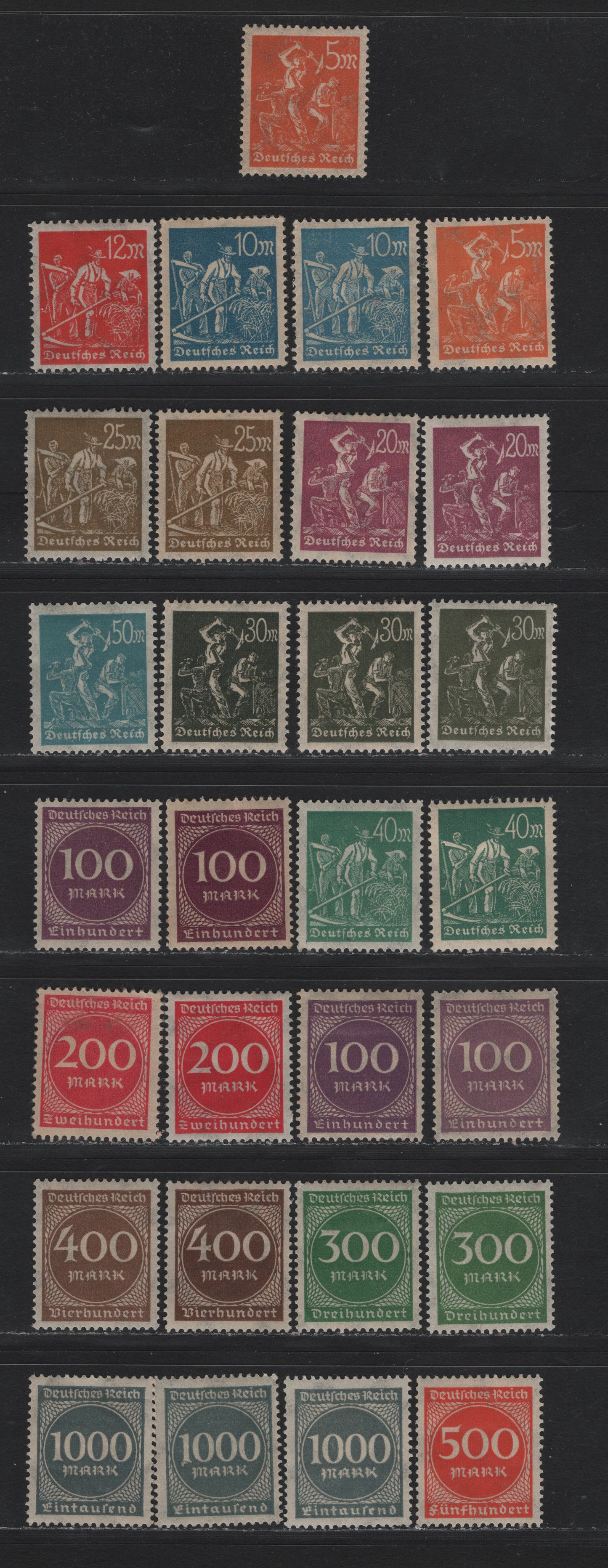 Lot 131 Germany SC#221-234 (238-243a-b, 244a, 245, 268a-b, 269-273) 5m - 1000m Orange - Slate , 1922-1923 Numeral & Worker Issue, 29 VFOG Singles, Complete Set With Multiple Shade Variations of Most Values