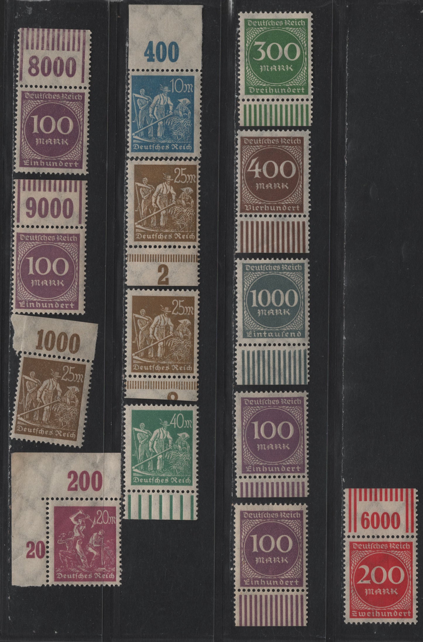 Lot 132 Germany SC#222, 224-225, 227, 229-232, 234 (239POR, 241POR, 242POR, 268bWOR, 269WOR) 10m - 1000m Light Blue - Deep Slate , 1922-1923 Numeral & Worker Issue, 14 F/VFNH Top & Bottom Sheet Margin Singles, Counter Numbers & Selvedge Markings