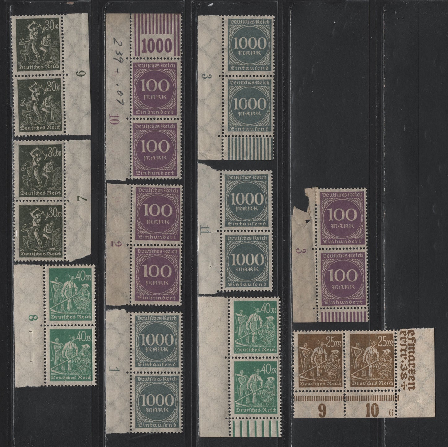 Lot 133 Germany SC#225, 226a, 227, 229, 234 (242, 243b, 244a, 268b, 273) 25m - 1000m Olive Brown - Deep Slate , 1922-1923 Numeral & Worker Issue, 11 F/VFNH Sheet Margin Pairs, Showing Plate Numbers & Marginal Ink Density Bars