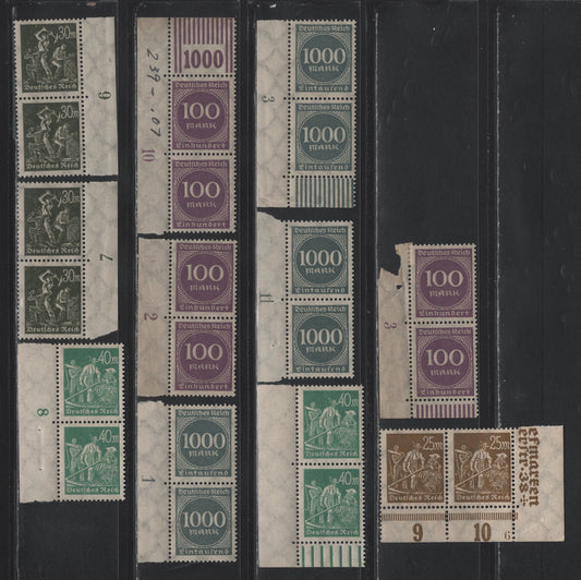 Lot 133 Germany SC#225, 226a, 227, 229, 234 (242, 243b, 244a, 268b, 273) 25m - 1000m Olive Brown - Deep Slate , 1922-1923 Numeral & Worker Issue, 11 F/VFNH Sheet Margin Pairs, Showing Plate Numbers & Marginal Ink Density Bars