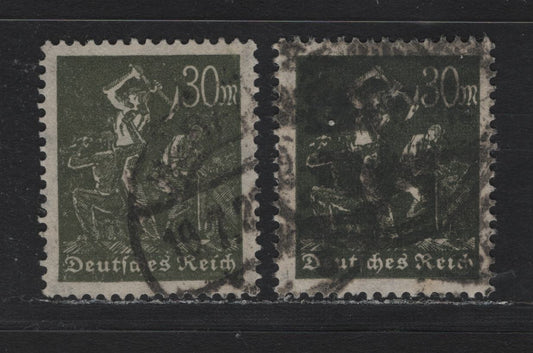 Lot 134 Germany SC#226-a (243a-b) 30m Olive Green & Blackish Olive Green , 1922-1923 Numeral & Worker Issue, 2 Fine/Very Fine Used Singles, Postally Used, Scarce & More Common Shades Heavyish Cancel Due To Multiple Hammer Strikes