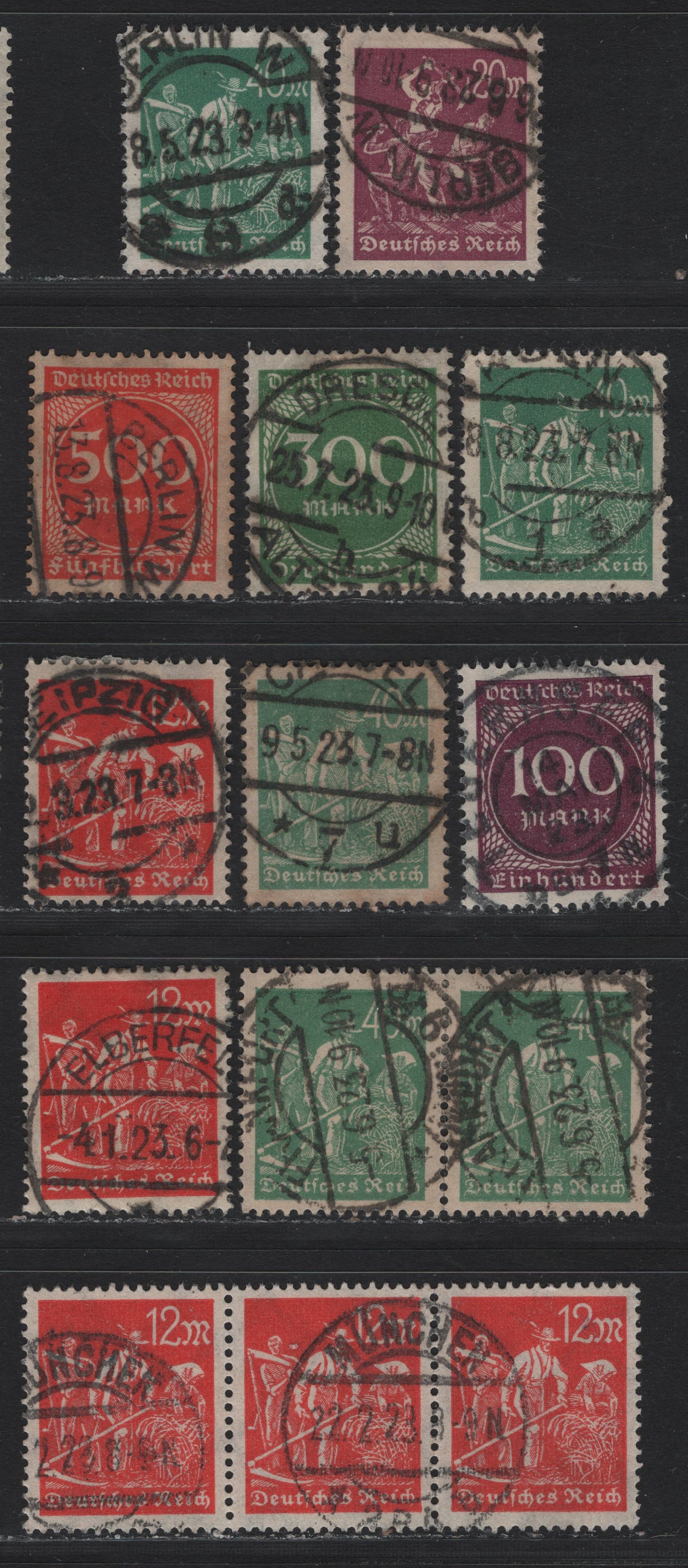Lot 136 Germany SC#223-224, 227, 229a, 231, 233 (240, 244a, 241, 268a, 270, 272) 10m - 1000m Dull Blue - Slate , 1922-1923 Numeral & Worker Issue, 11 Fine/Very Fine Used Singles, Pairs & Strip Of 3, Postally Used, Dated, Readable Town Cancels