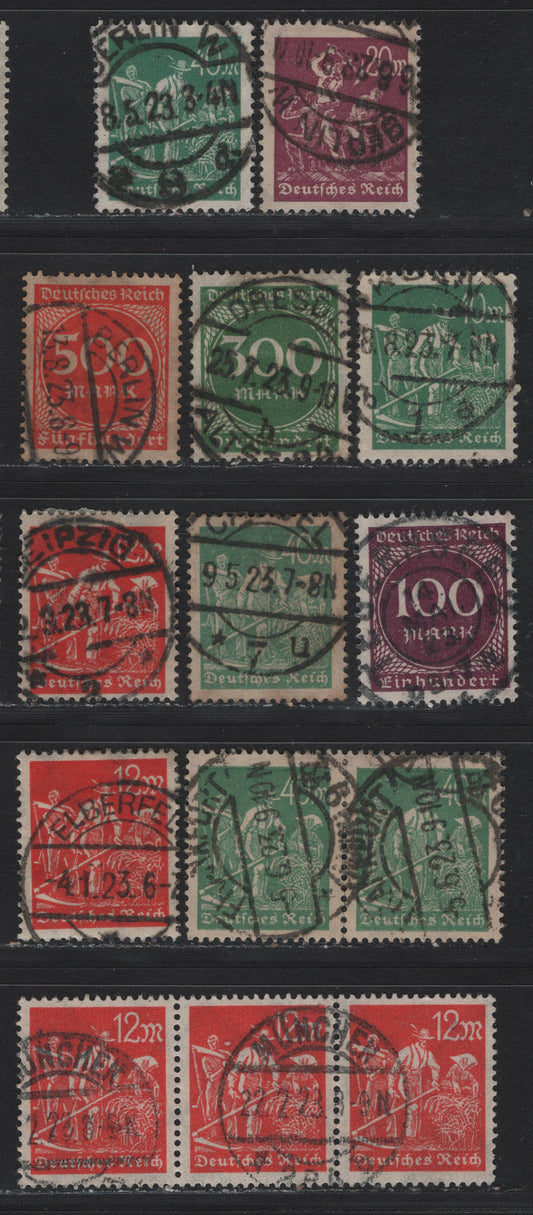 Lot 136 Germany SC#223-224, 227, 229a, 231, 233 (240, 244a, 241, 268a, 270, 272) 10m - 1000m Dull Blue - Slate , 1922-1923 Numeral & Worker Issue, 11 Fine/Very Fine Used Singles, Pairs & Strip Of 3, Postally Used, Dated, Readable Town Cancels