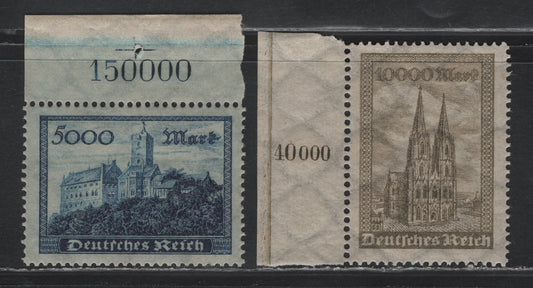 Lot 137 Germany SC#237-239 (261aPOR, 262aPOR) 5000m - 10,000m Deep Blue - Brown Olive , 1922-1923 Numeral & Worker Issue, 2 VFNH Sheet Margin Singles, Counted Numbers