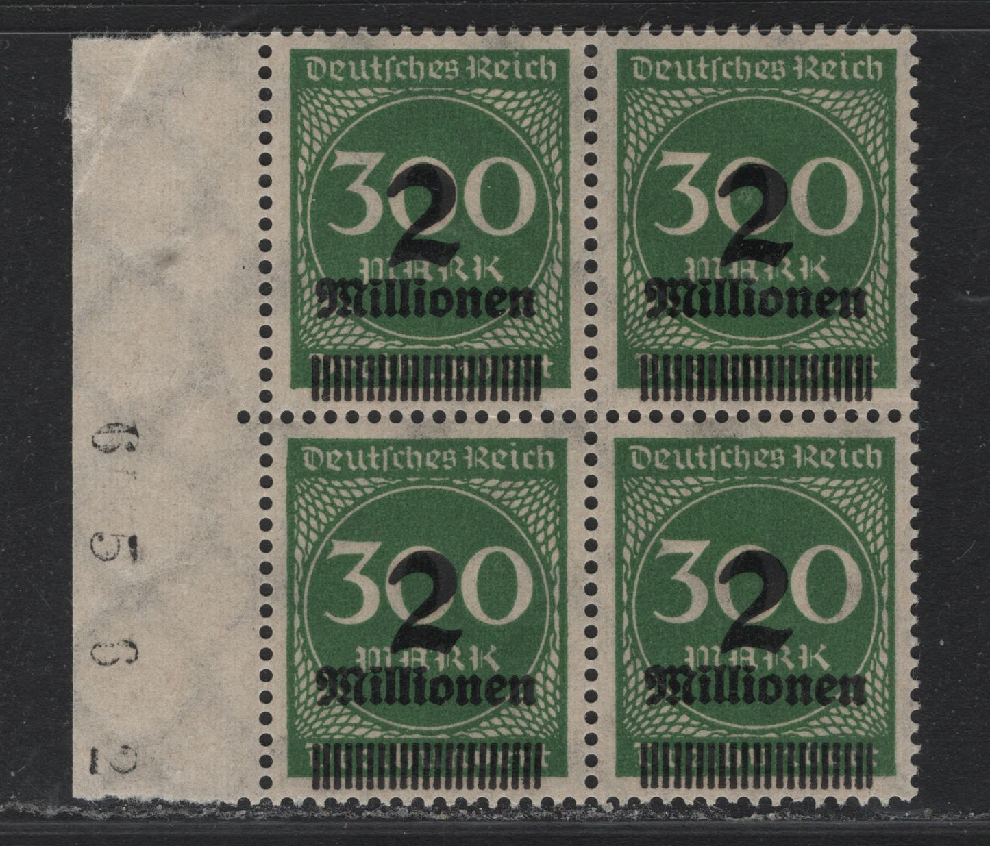 Lot 141 Germany SC#270 (310A) 2m on 300m Deep Green , 1923 Surcharged Issue, A VFNH Left Sheet Margin Block Of 4, Handstamped Sheet Number In Left Selvedge