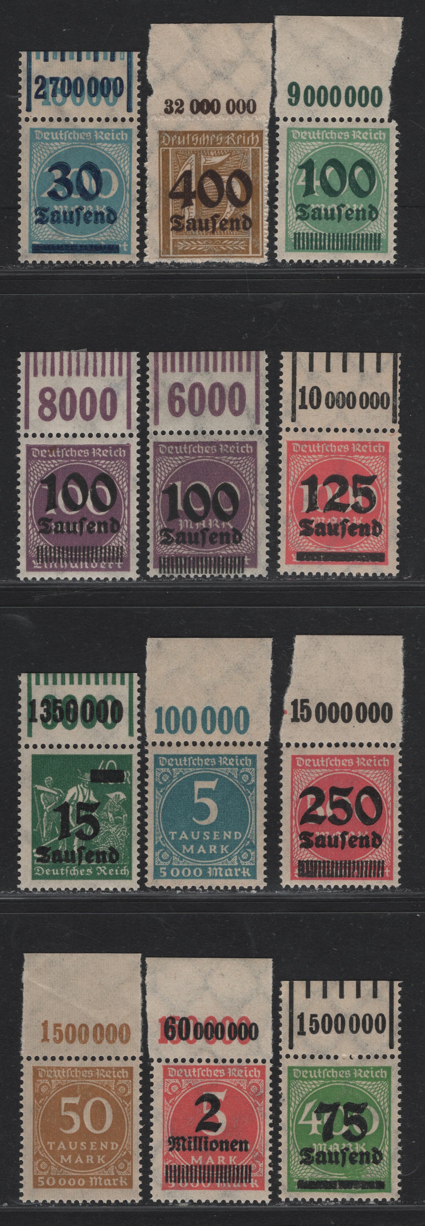Lot 142 Germany SC#238A/273 (274POR/312aPOR) 5thm - 2mil on 5th Greenish Blue - Dull Rose , 1923 Numeral & Surcharged Issues, 12 F/VFNH Top Sheet Margin Singles, Value Counters