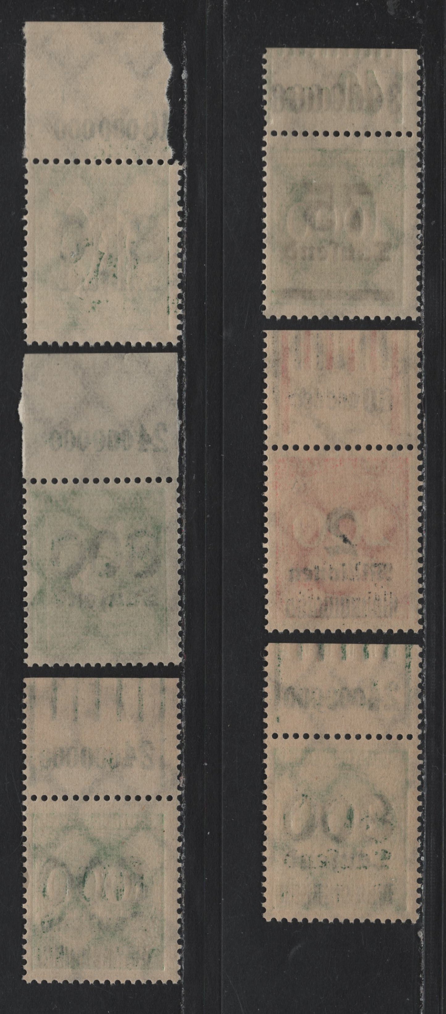 Lot 145 Germany SC#252, 261-262,266, 268, 269c (288IWOR, 301APOR, 302APOR, 306AWOR, 308aAWOR, 309WAOR) 75th on 1000m - 2mil on 200m Deep Green - Deep Rose , 1923 Numeral & Surcharged Issues, 6 F/VFNH Top Sheet Margin Singles, Counters