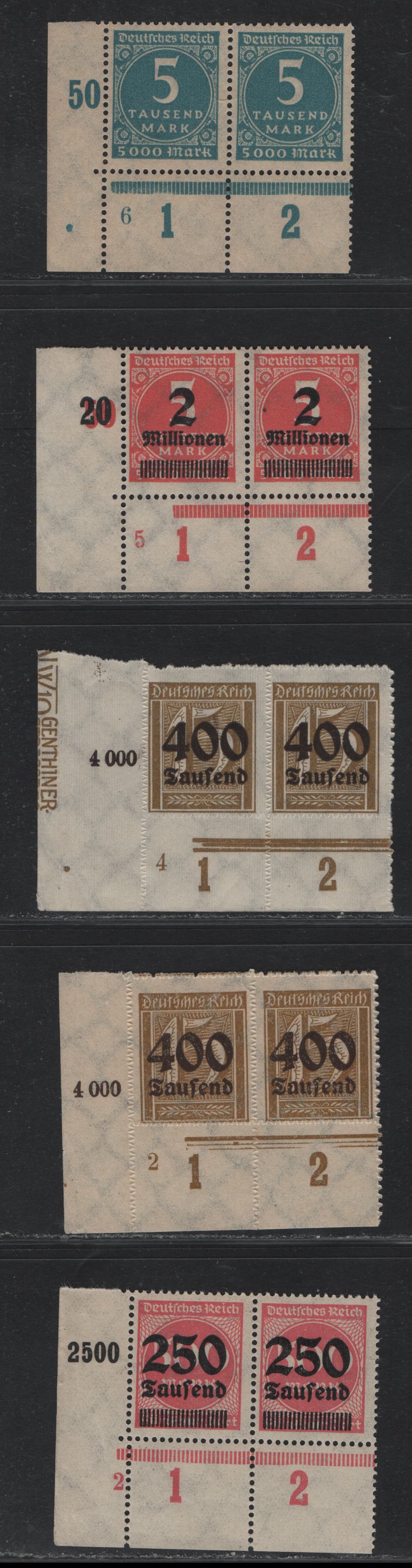 Lot 148 Germany SC#238A, 259, 272-273 5,000m - 2mil on 5,000m Greenish Blue - Rose Red , 1923 Numeral & Surcharged Issues, 5 F/VFNH Ll Corner Margin Pairs, Stamp Numbers, Plate Numbers & Row Counters