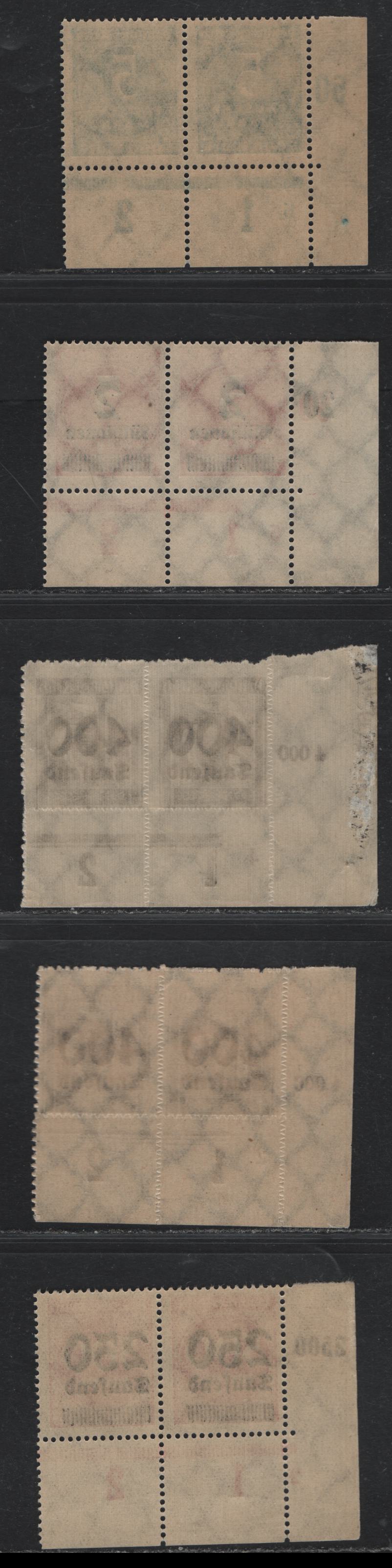 Lot 148 Germany SC#238A, 259, 272-273 5,000m - 2mil on 5,000m Greenish Blue - Rose Red , 1923 Numeral & Surcharged Issues, 5 F/VFNH Ll Corner Margin Pairs, Stamp Numbers, Plate Numbers & Row Counters
