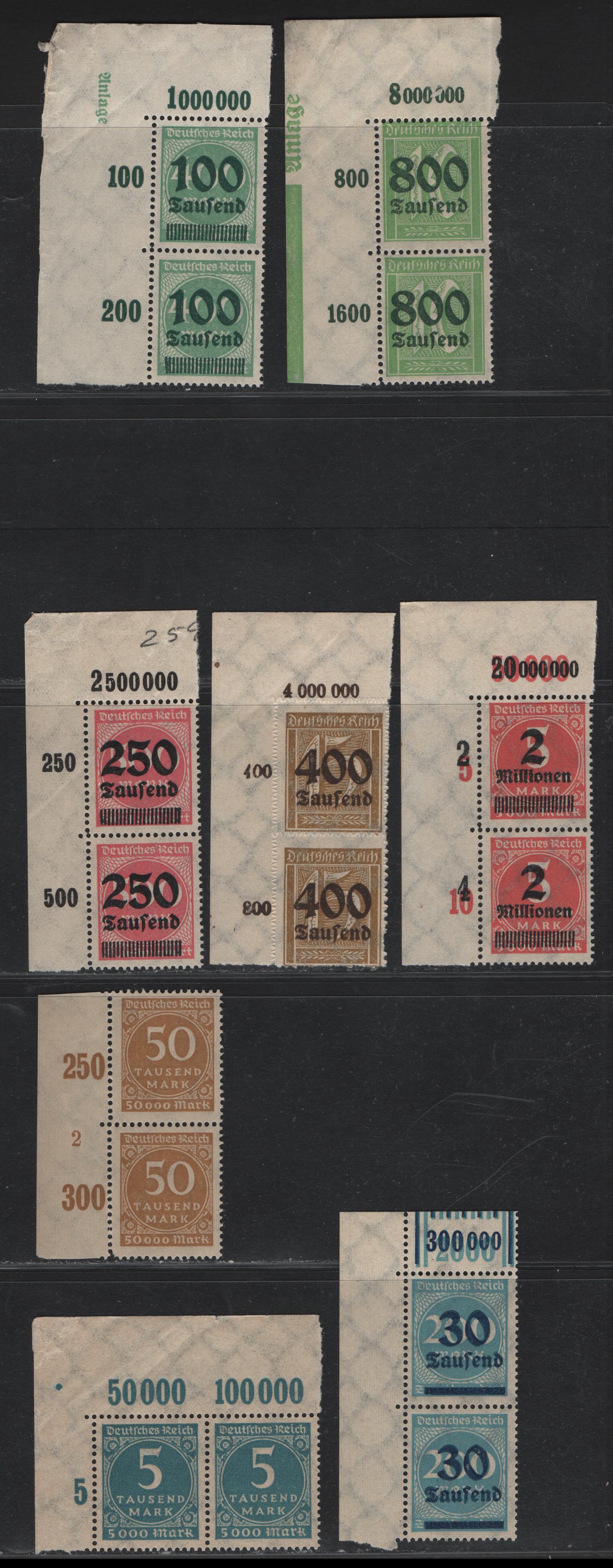 Lot 149 Germany SC#238A/273 (274POR/312aPOR) 5,000m - 2mil on 5,000m Greenish Blue - Rose Red , 1923 Numeral & Surcharged Issues, 8 F/VFNH UL Sheet Margin Pairs, Showing Column & Row Counters, Plus Additional Inscriptions