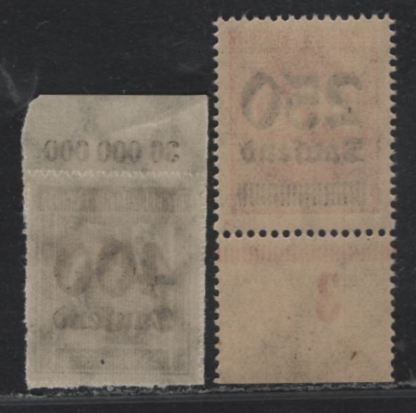 Lot 150 Germany SC#260, 274 (298POR, 295) 250th on 500m - 400th on 25m Rose - Bistre Brown , 1923 Numeral & Surcharged Issues, 2 VFNH Top & Bottom Sheet Margin Singles, Showing Value Counter & Column Number