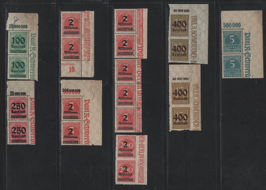 Lot 152 Germany SC#238A, 254, 259, 269, 272-274 5,000m - 2mil on 5,000m Greenish Blue - Rose Red , 1923 Numeral & Surcharged Issues, 10 F/VFNH UR & Right Sheet Margin Pairs, Showing Value Counters & partial Inscriptions, Unlisted As Such In Michel