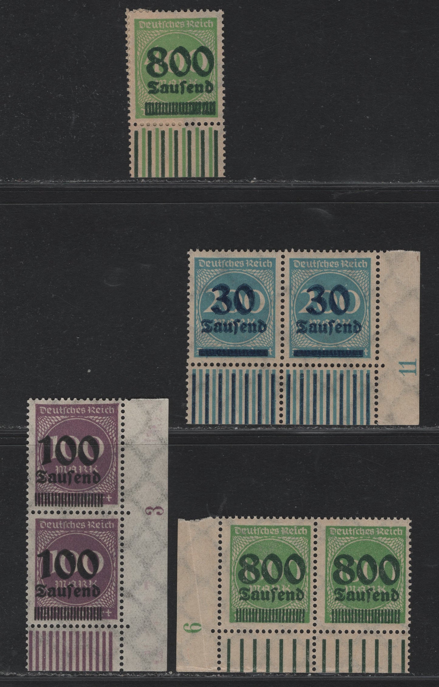 Lot 153 Germany SC#249, 266, 268, 253 30th on 200m - 800th on 1000m Pale Blue - Light Green , 1923 Numeral & Surcharged Issues, 4 F/VFNH LR & LL Corner Margin Pairs, Color Density Bars In Selvedge & Perforation Row Numbers