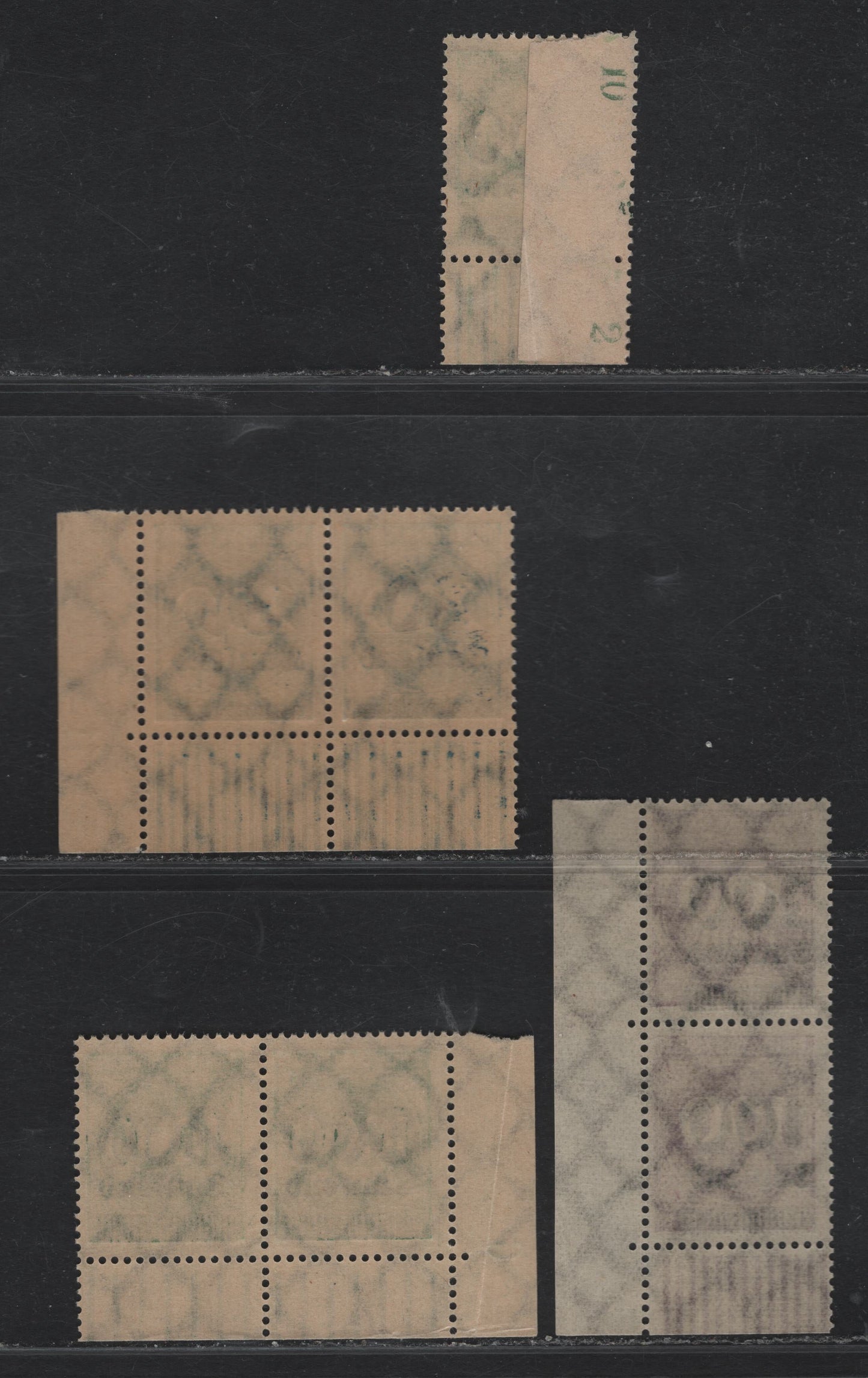 Lot 153 Germany SC#249, 266, 268, 253 30th on 200m - 800th on 1000m Pale Blue - Light Green , 1923 Numeral & Surcharged Issues, 4 F/VFNH LR & LL Corner Margin Pairs, Color Density Bars In Selvedge & Perforation Row Numbers