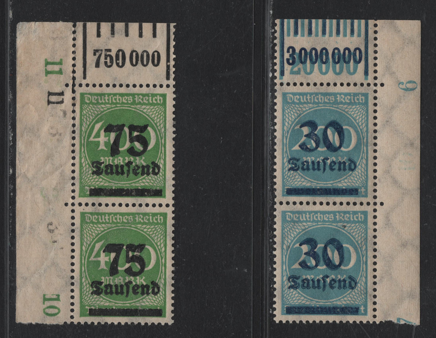 Lot 154 Germany SC#249, 251 30th on 200m -75th on 400m Pale Blue - Green , 1923 Numeral & Surcharged Issues, 2 VFNH UL & UR Sheet Margin Pairs, Perforation Row Numbers & Value Counters, Some Perf Separation On 75th Pair