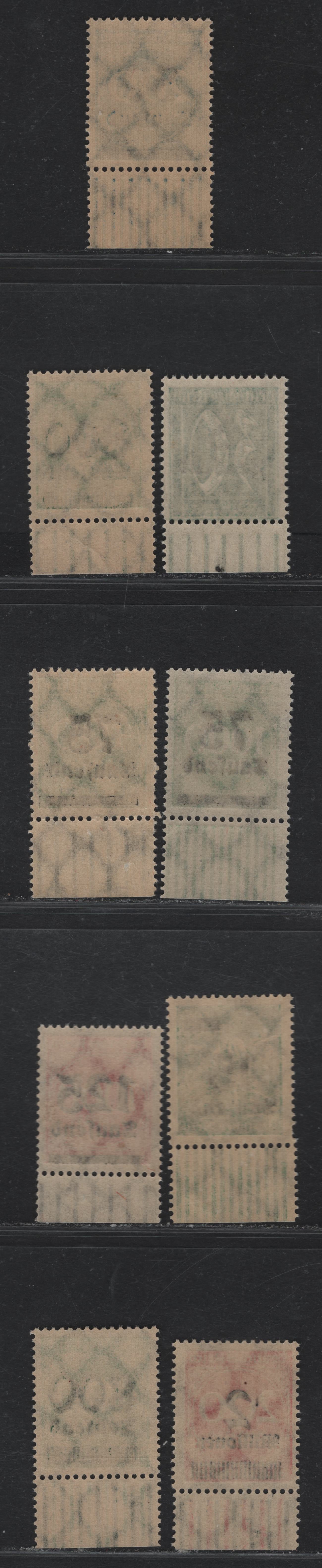 Lot 157 Germany SC#242A, 243, 249, 251-252, 255, 266, 268-269 8th on 30pf - 2mil on 200m Green - Deep Rose , 1923 Numeral & Surcharged Issues, 9 F/VFNH Bottom Sheet Margin Singles, Color Density Bars, 8c Has What Appears To Be A Control Number