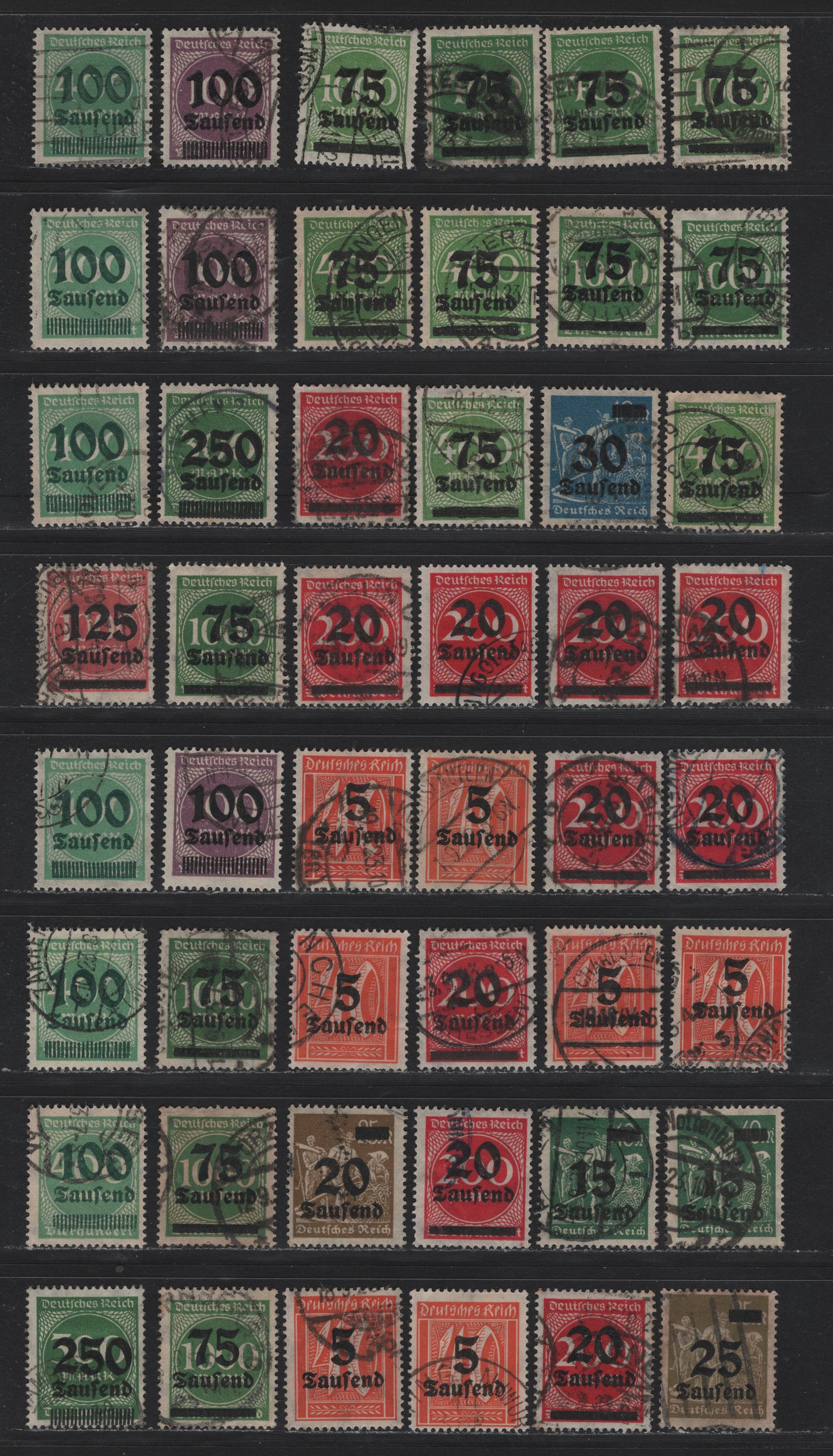 Lot 159 Germany SC#242/257 (277/293) 5th on 40pf - 250th on 300m Orange - Green , 1923 Surcharged Issue, A Selection Of CTO & Forged Cancellation Singles, Userful For Building A Reference Collection of These Cancels