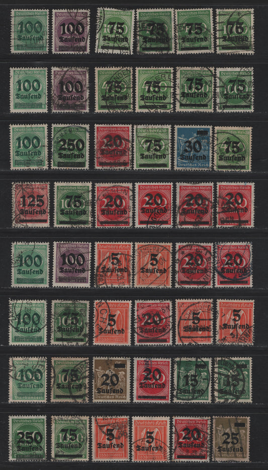 Lot 159 Germany SC#242/257 (277/293) 5th on 40pf - 250th on 300m Orange - Green , 1923 Surcharged Issue, A Selection Of CTO & Forged Cancellation Singles, Userful For Building A Reference Collection of These Cancels