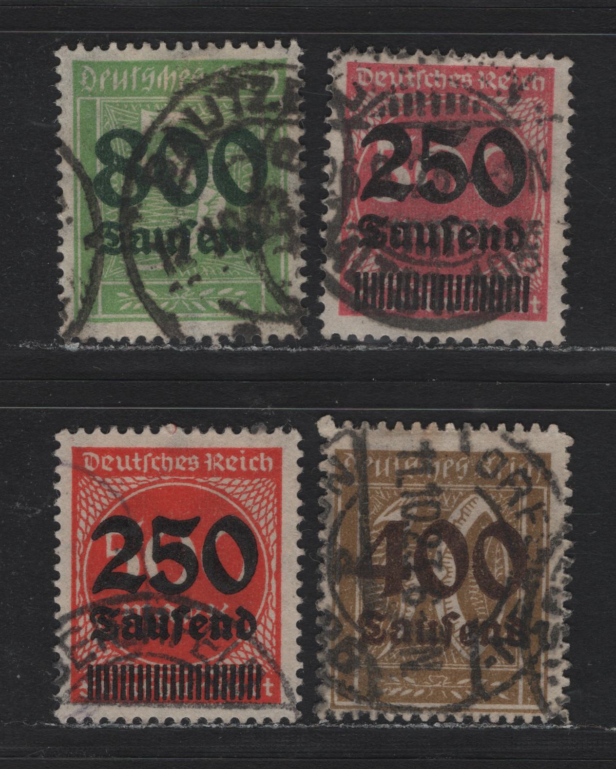 Lot 161 Germany SC#259-261, 275 (295-296, 299, 301A) 250th on 500m - 400th on 30pf Pink - Bistre Brown , 1923 Surcharged Issue, 4 Fine/Very Fine Used Singles, Postally Used, Typical Heavyish Cancels Except the 250th on 500m Vermillion