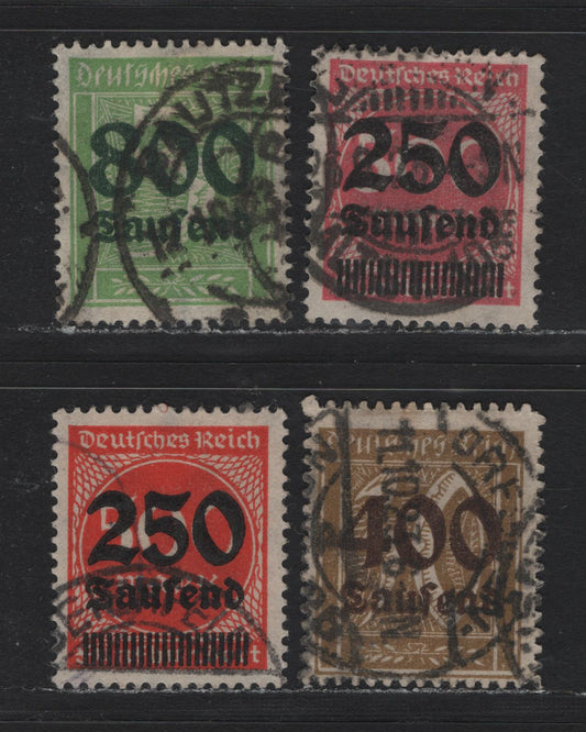 Lot 161 Germany SC#259-261, 275 (295-296, 299, 301A) 250th on 500m - 400th on 30pf Pink - Bistre Brown , 1923 Surcharged Issue, 4 Fine/Very Fine Used Singles, Postally Used, Typical Heavyish Cancels Except the 250th on 500m Vermillion