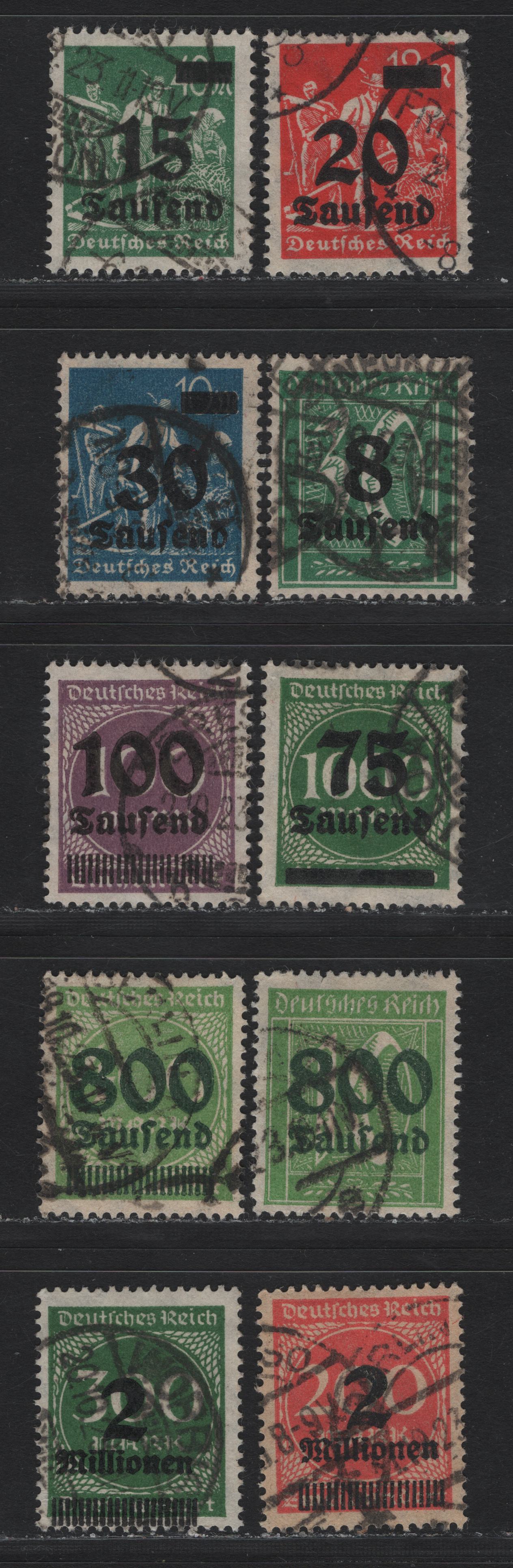 Lot 163 Germany SC#241, 243, 244, 248, 252, 253, 262, 266, 269-270 (278X, 279a, 280, 284, 289b, 288ii, 302A, 305A, 309APa, 310A) 8th on 30m - 2mil on 300m Green , 1923 Surcharged Issue, 10 Fine/Very Fine Used Singles, Postally Used