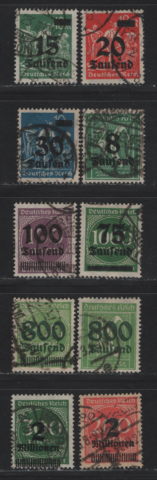 Lot 163 Germany SC#241, 243, 244, 248, 252, 253, 262, 266, 269-270 (278X, 279a, 280, 284, 289b, 288ii, 302A, 305A, 309APa, 310A) 8th on 30m - 2mil on 300m Green , 1923 Surcharged Issue, 10 Fine/Very Fine Used Singles, Postally Used