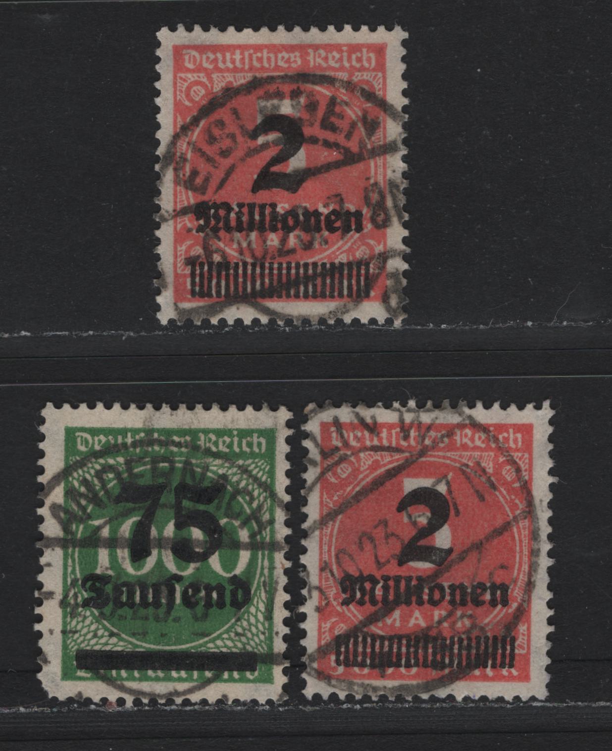 Lot 165 Germany SC#252, 272 (288II, 312Aa) 75th on 1000m - 2mil on 5000m Deep Green - Rose , 1923 Surcharged Issue, 3 Fine/Very Fine Used Singles, 4mm Distance Between Sucharge (75th on 1000m), SON CDS Town Cancels