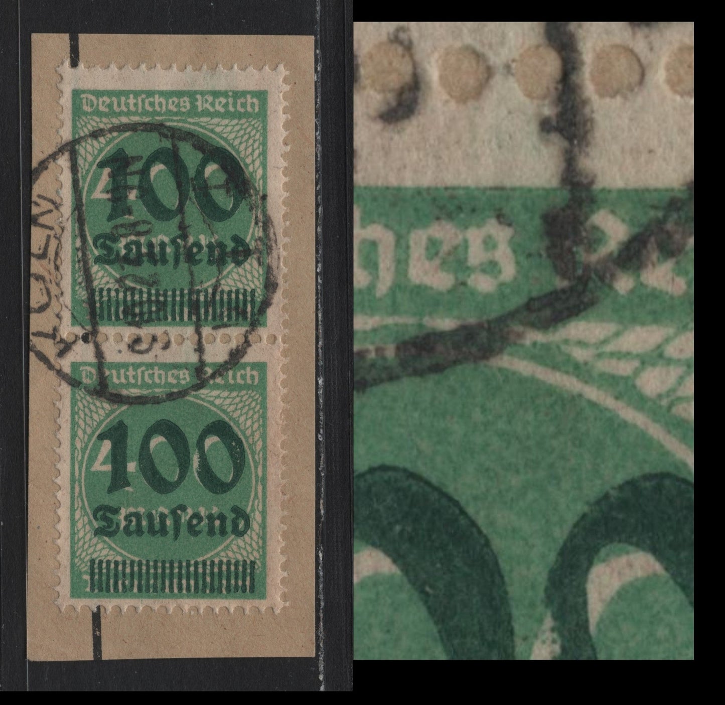 Lot 166A Germany SC#254var (290var) 10th on 400m Light Green , 1923 Surcharged Issue, A Fine Used Pair on Piece, October 9 1923 Koln CDS Cancel