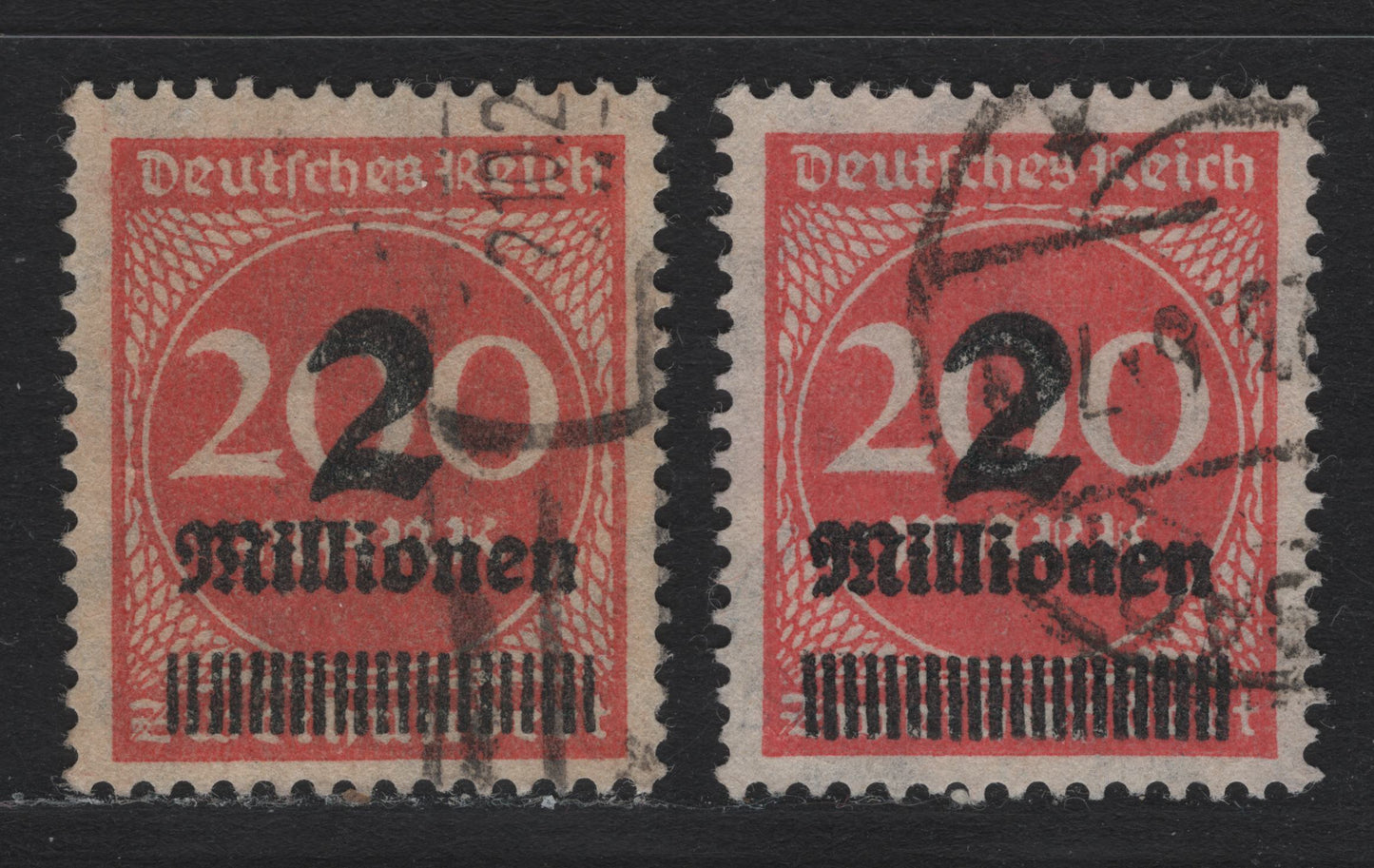 Lot 167 Germany SC#269 (309Awa-309Awb) 2mil on 200m Rose & Brownish Rose , 1923 Surcharged Issue, 2 Very Fine Used Singles, Postally Used, Both Michel Listed Shades, BPP Guarantee Handstamps.