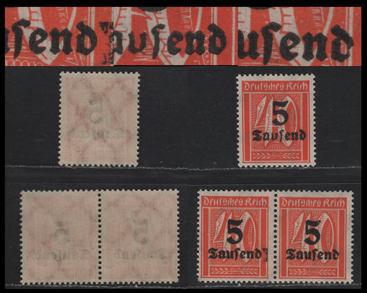 Lot 168 Germany SC#242avar (277var) 5th on 40pf Orange , 1923 Surcharged Issue, 2 F/VFNH Single & Pair, Overprint Varieties Not Listed In Michel, May or May Not Be Constant