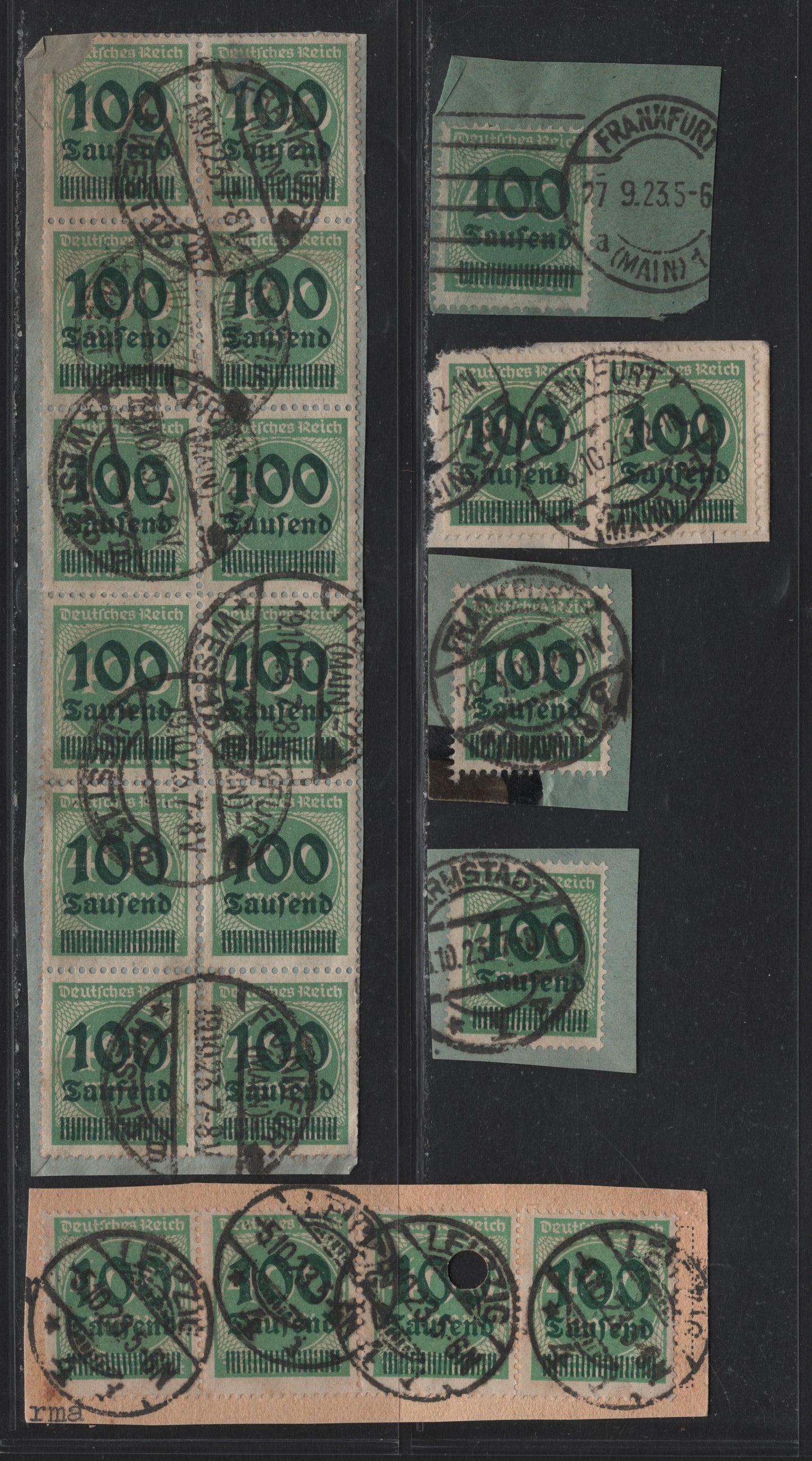 Lot 169 Germany SC#254 (290) 100th on 400m Bluish Green , 1923 Surcharged Issue, 6 Fine/Very Fine Used Singles & Multiples, Genuine Postally Used On Piece, September & October 1923 From Leipzig & Frankfurt