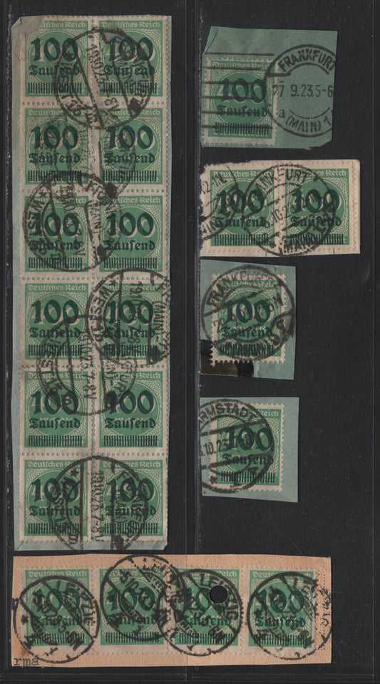 Lot 169 Germany SC#254 (290) 100th on 400m Bluish Green , 1923 Surcharged Issue, 6 Fine/Very Fine Used Singles & Multiples, Genuine Postally Used On Piece, September & October 1923 From Leipzig & Frankfurt
